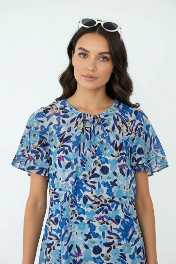 Marc Angelo flutter sleeve blue printed midi dress Ma81178-D405blu