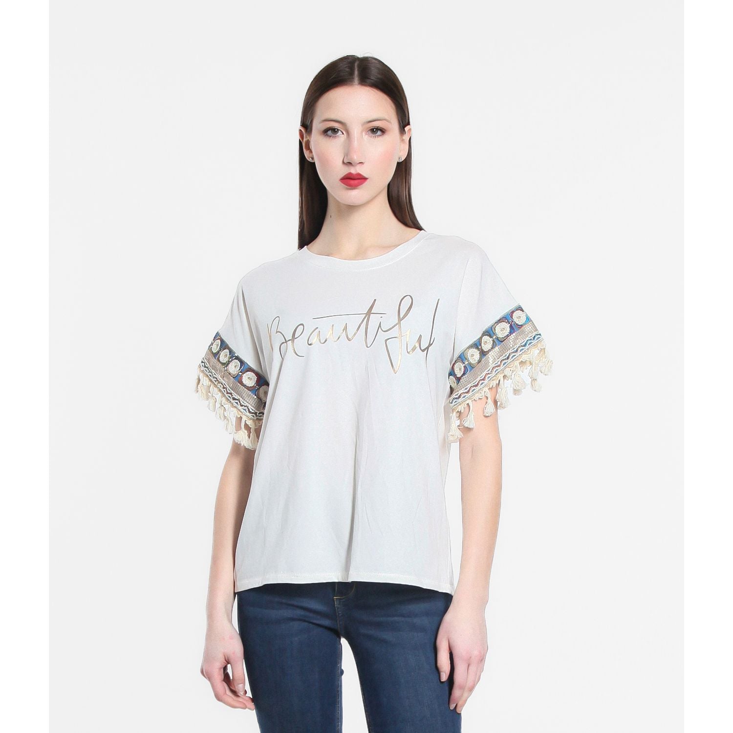 Round neck  top with embroidered ribbon sleeve detail