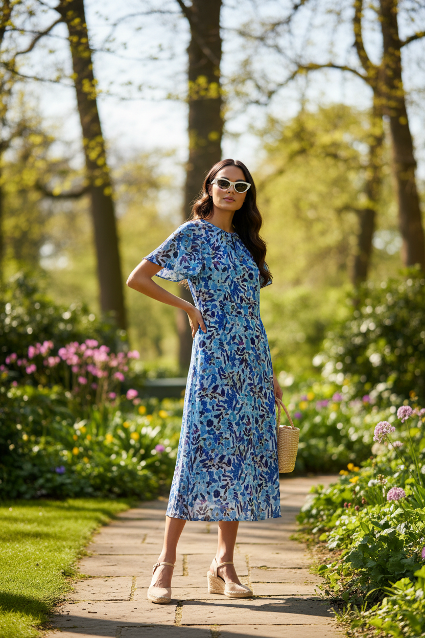 Marc Angelo flutter sleeve blue printed midi dress Ma81178-D405blu