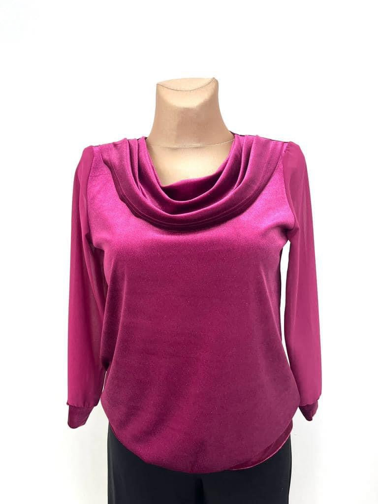 Yew "Kirby" Cowl Neck Shimmer Top with sheer sleeve.