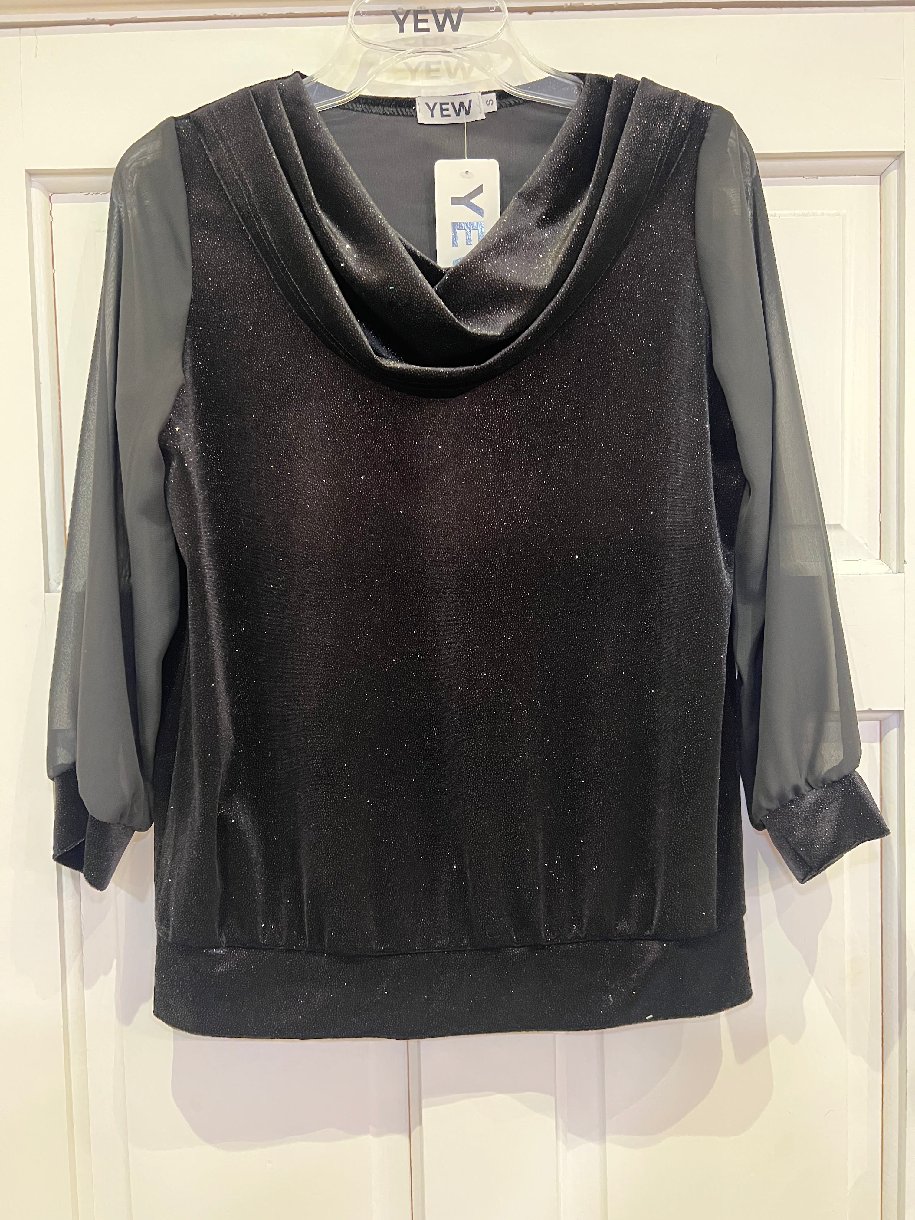 Yew "Kirby" Cowl Neck Shimmer Top with sheer sleeve.