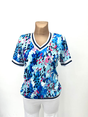 Yew Sporty v neck top with short sleeves  3825 blue mix