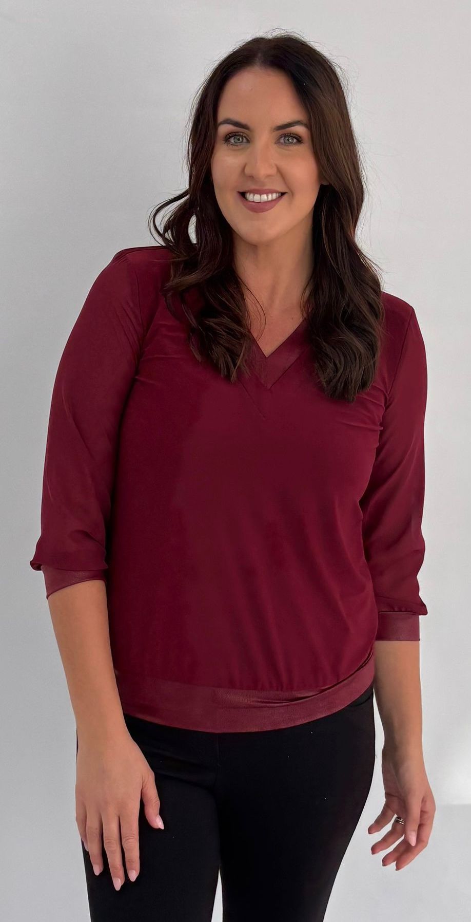 Yew Burgundy V neck Top with leather trim