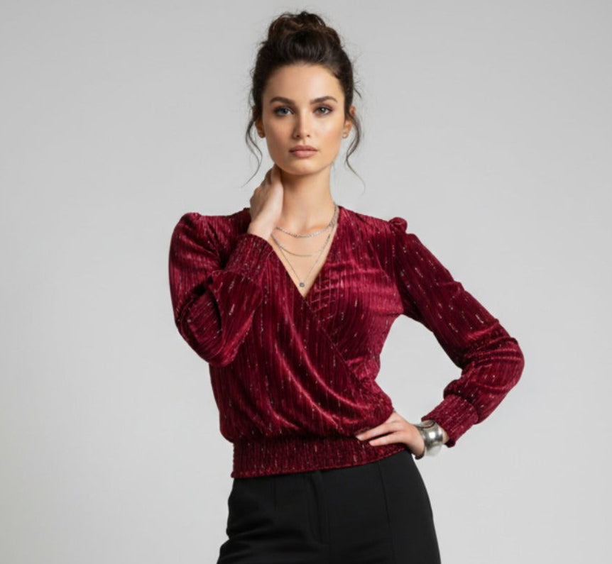 Marc Angelo Plush Velvet Wrap top in Wine