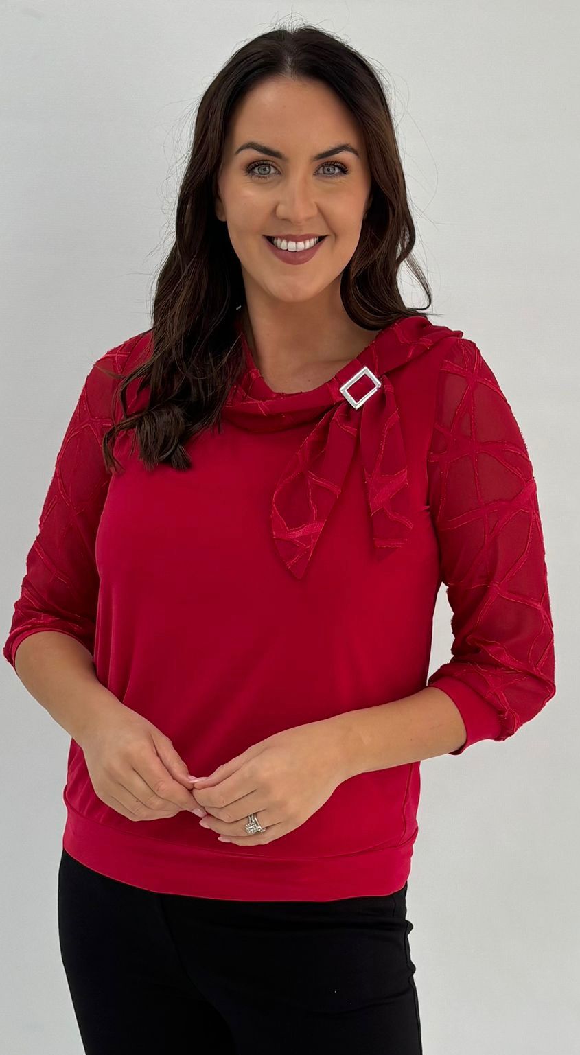 Yew Red Cowl Neck Top with contrast Chiffon sleeve detail 4066 1 2