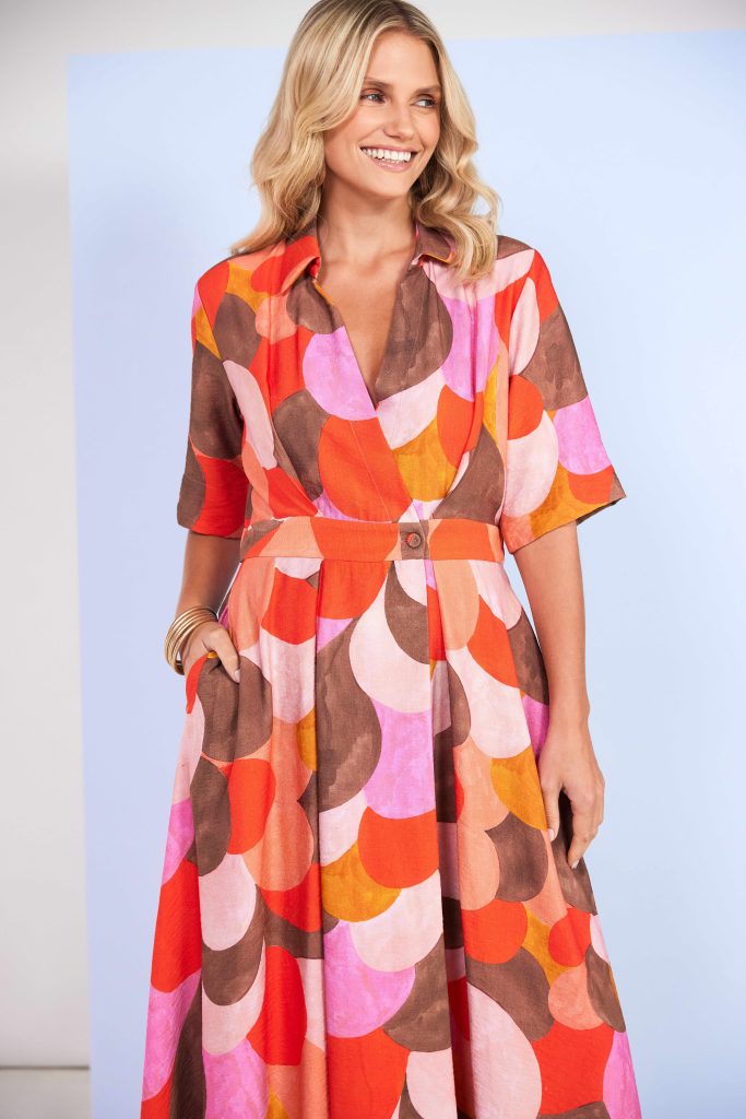 Kate Cooper Polka Dot Colour Mix Mock Wrap Dress With Button Waist Kcs26129