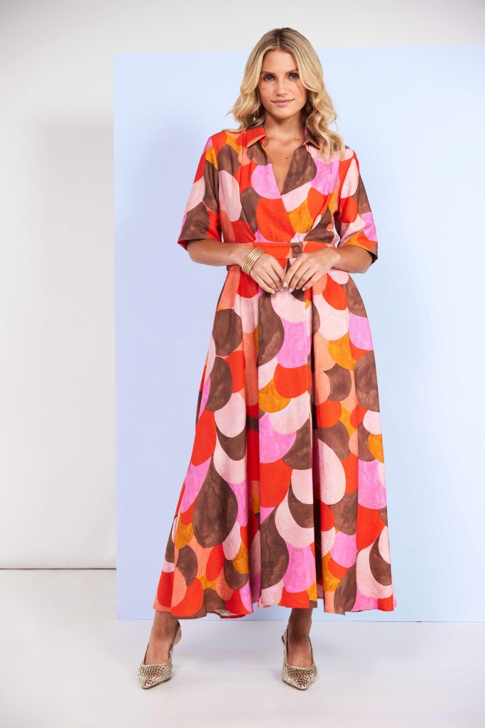 Kate Cooper Polka Dot Colour Mix Mock Wrap Dress With Button Waist Kcs26129