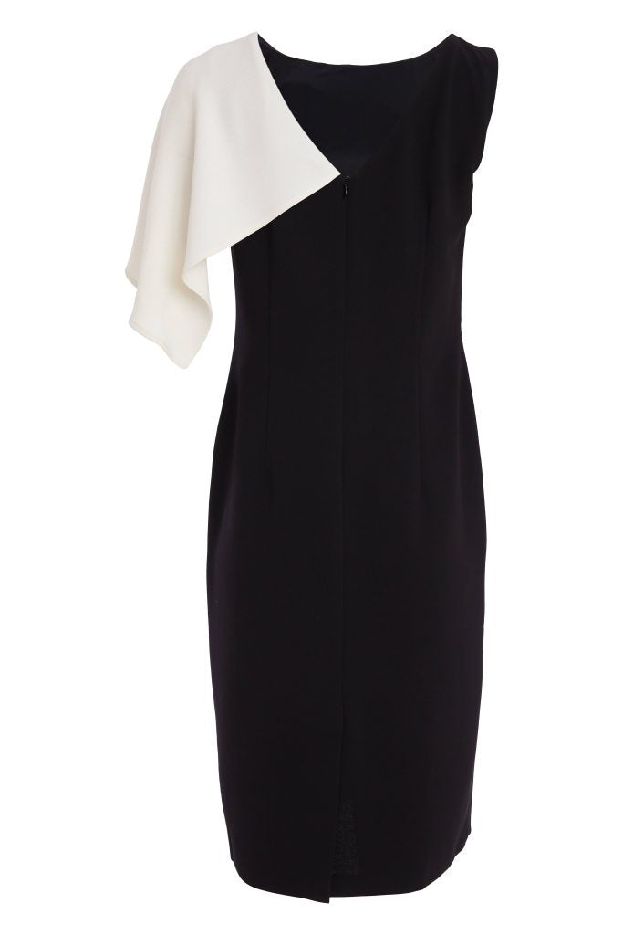 Kate Cooper Black and White Dress with Pleated Bow cape detail Kcs26153