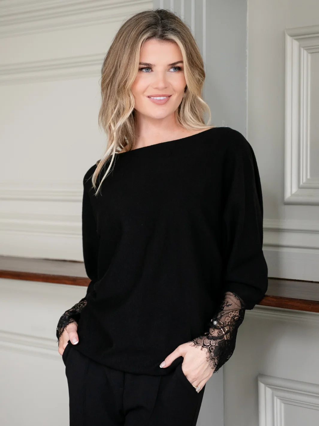 Kate And Pippa Blakely Batwing knit with Lace Sleeve