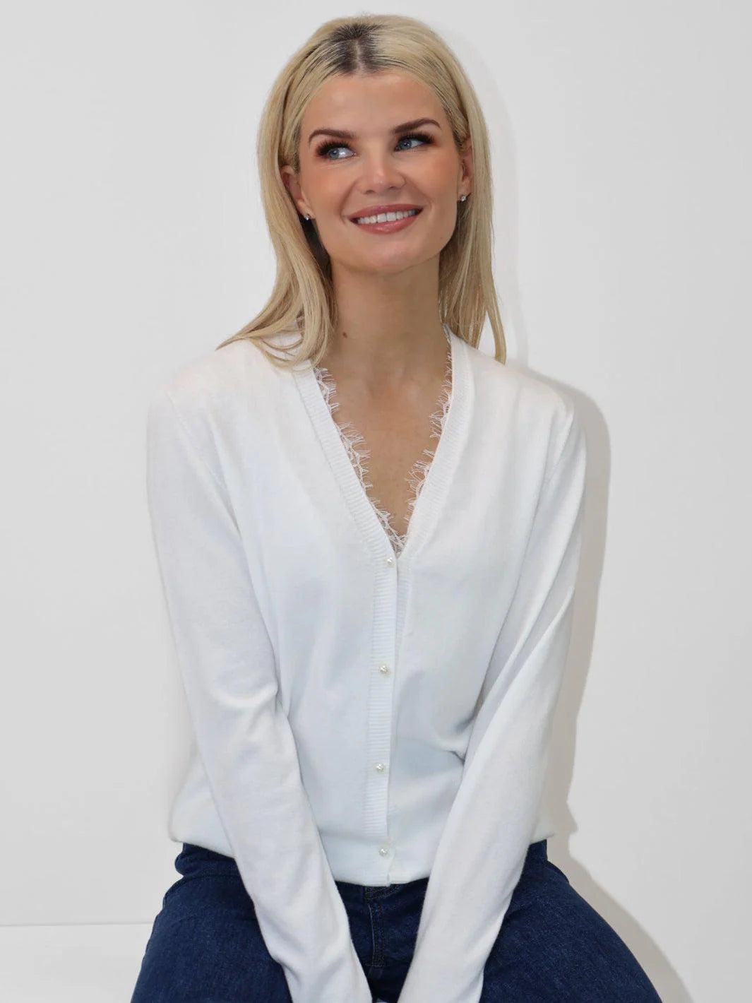Kate And Pippa Carly white Cardigan with pearl buttons