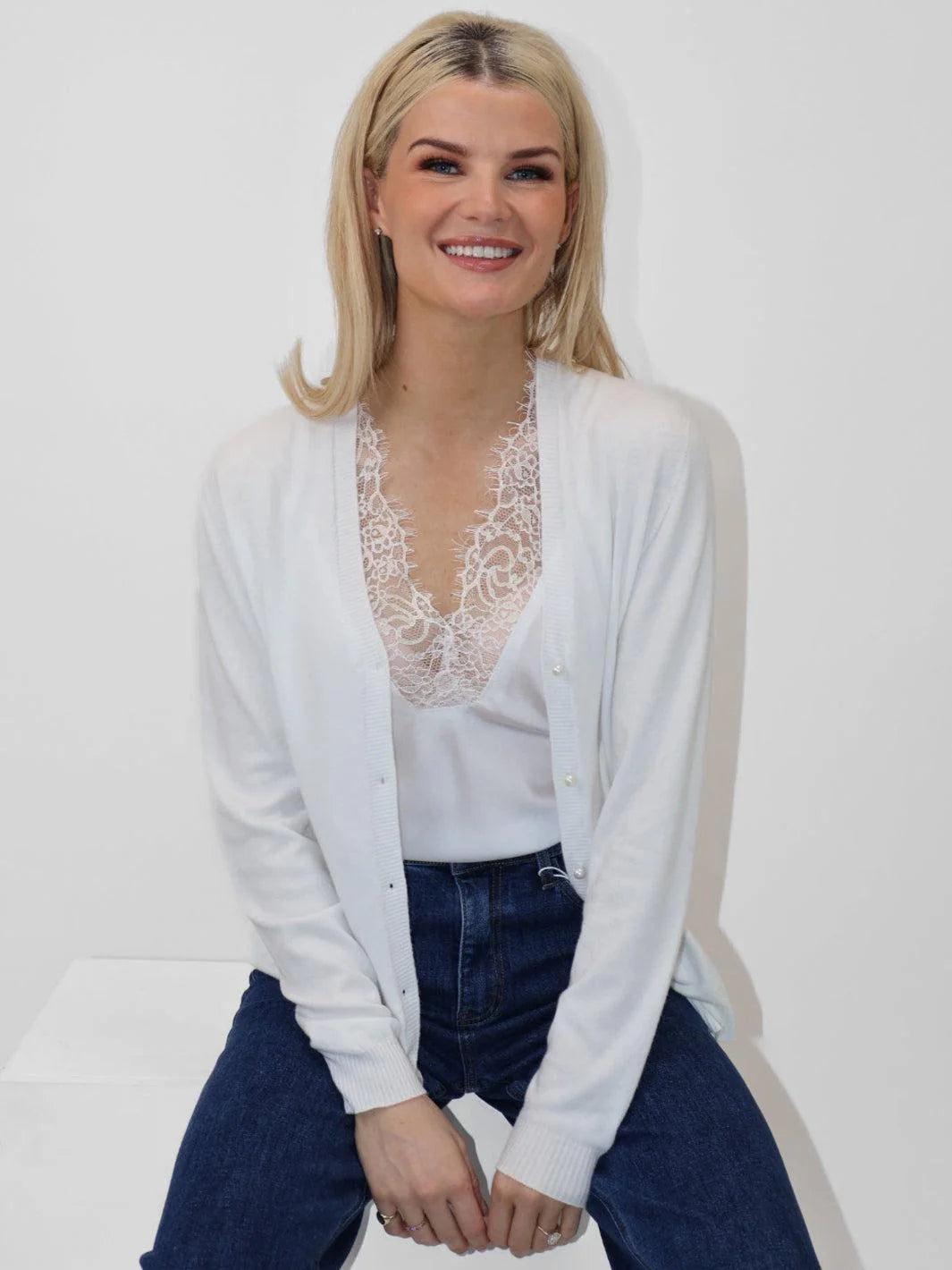 Kate And Pippa Carly white Cardigan with pearl buttons