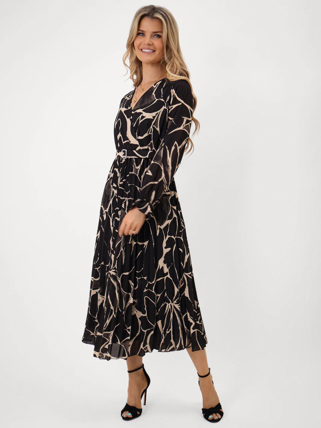Kate And Pippa Positano Midi Dress in Black and Gold Print 2025 1