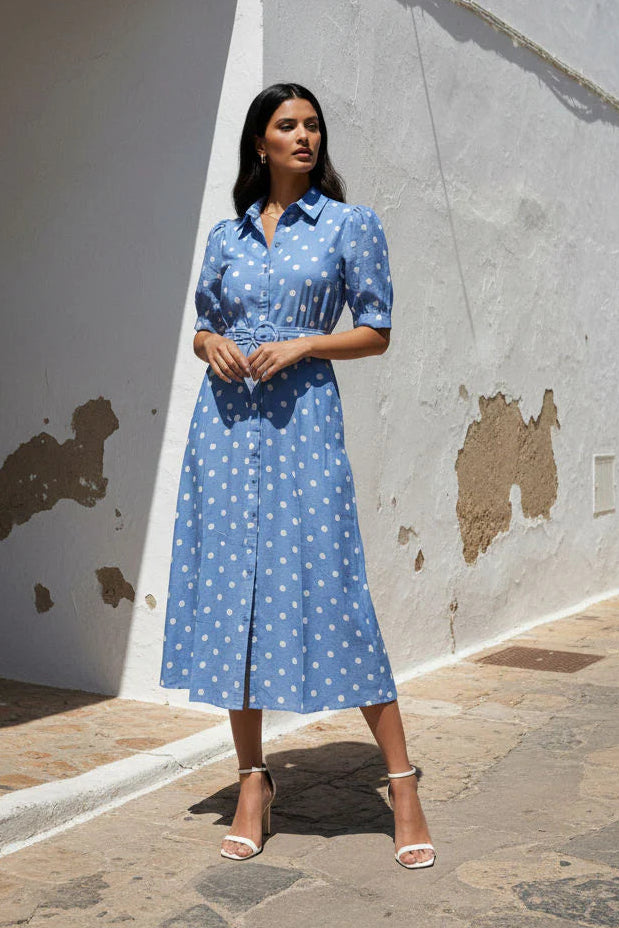 Marc Angelo Polka Dot Midi Shirt Dress in Blue Ma81209
