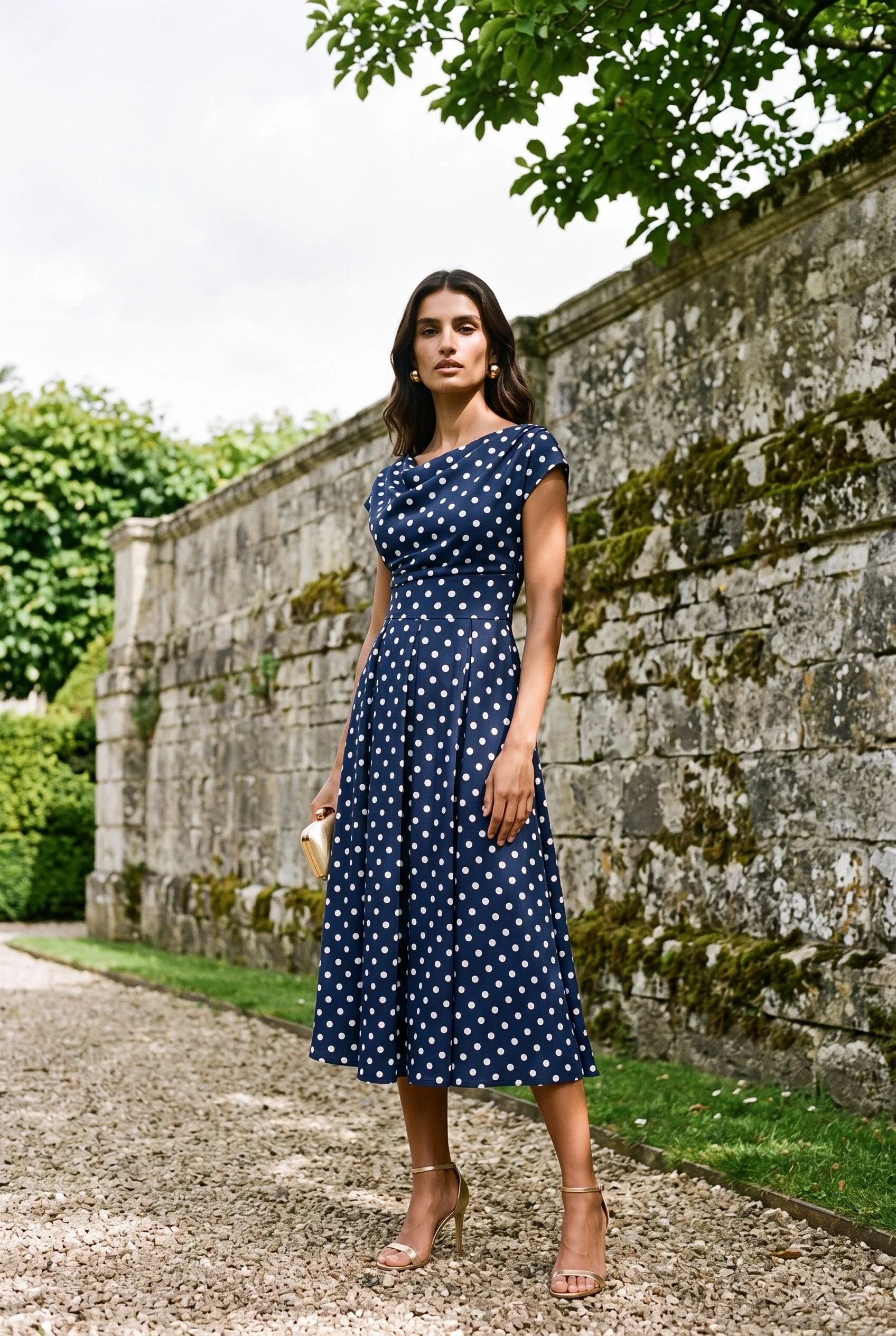 Marc Angelo Polka Dot Midi Dress with Cowl Neckline 181-26 Navy Spot