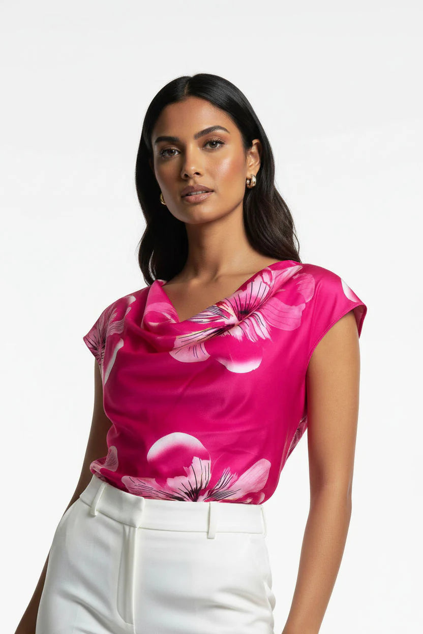 Marc Angelo Mia Satin Cowl neck top in Cerise or Royal blue Print