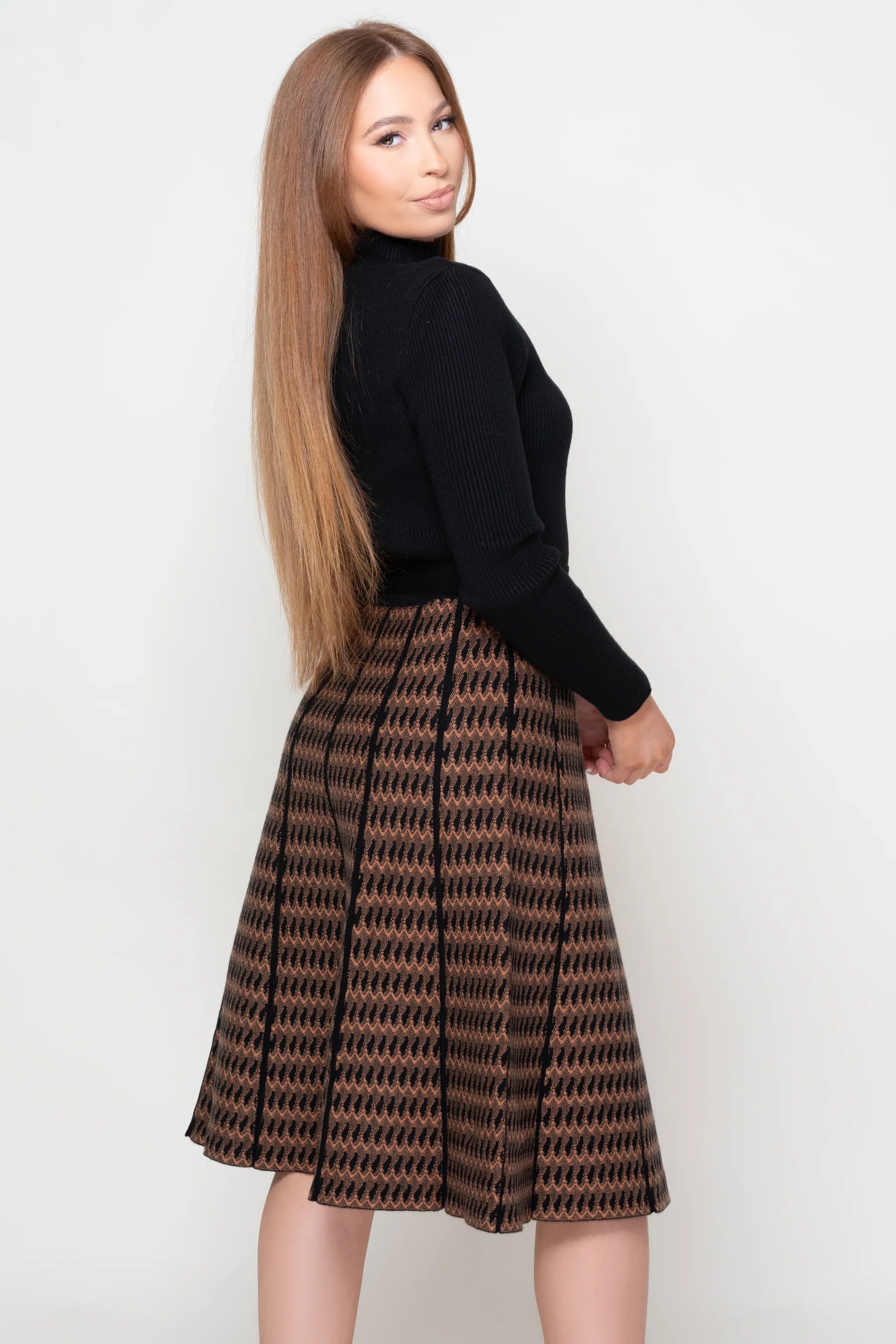 Black and Tan Knit Knee length dress with belt