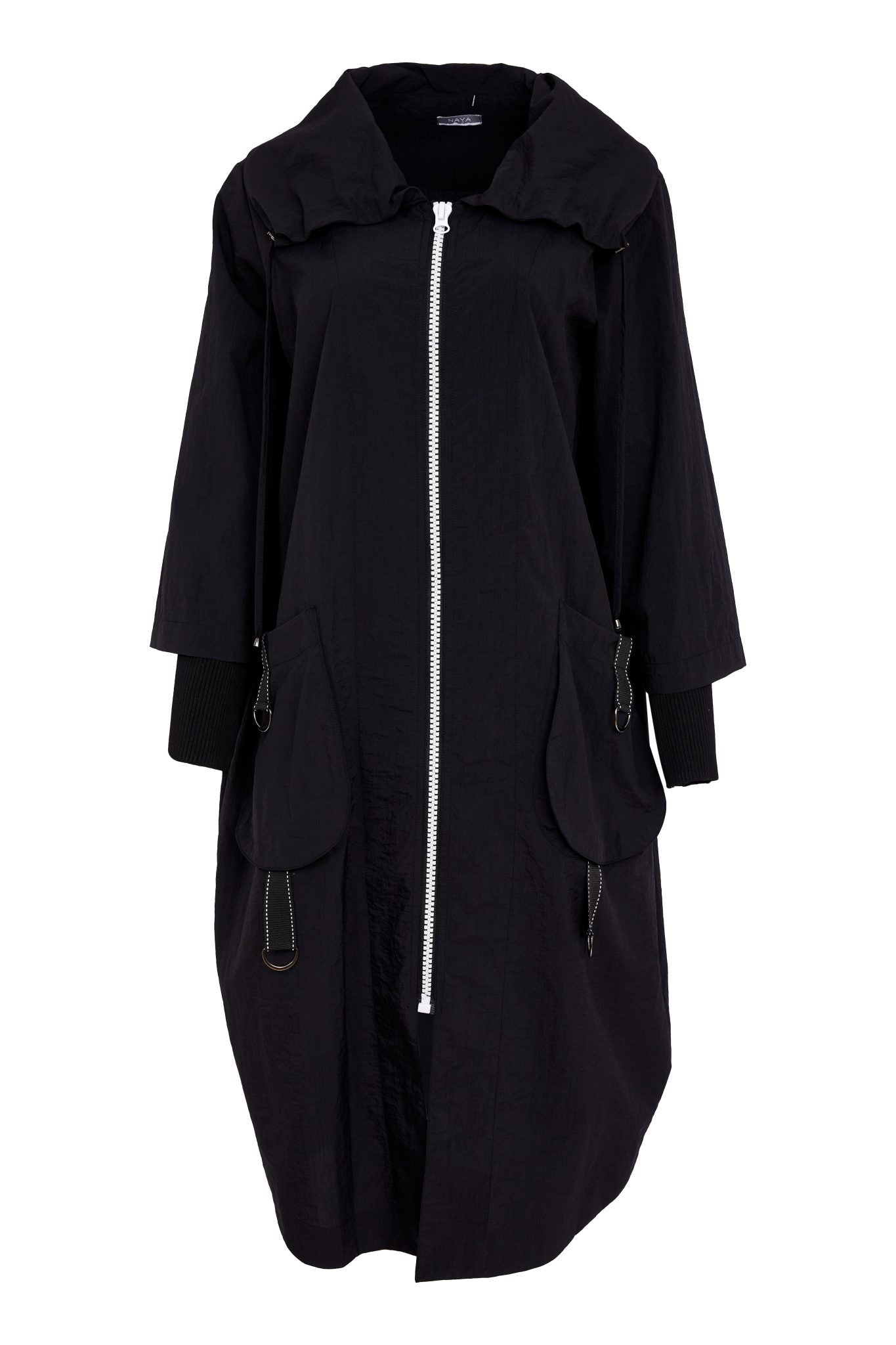 Naya Hooded Coat With D Ring Trim At Pockets IN Black or Silver Nas26170