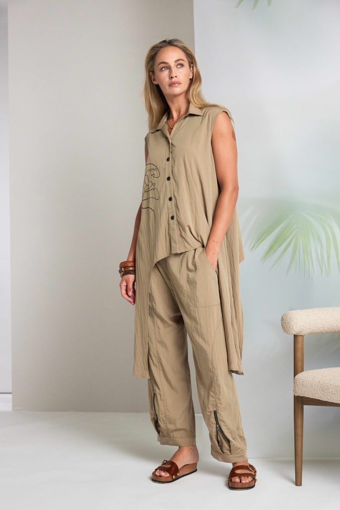 Naya Placement Print Top With Long Side Panels in Tan or Black Nas26218