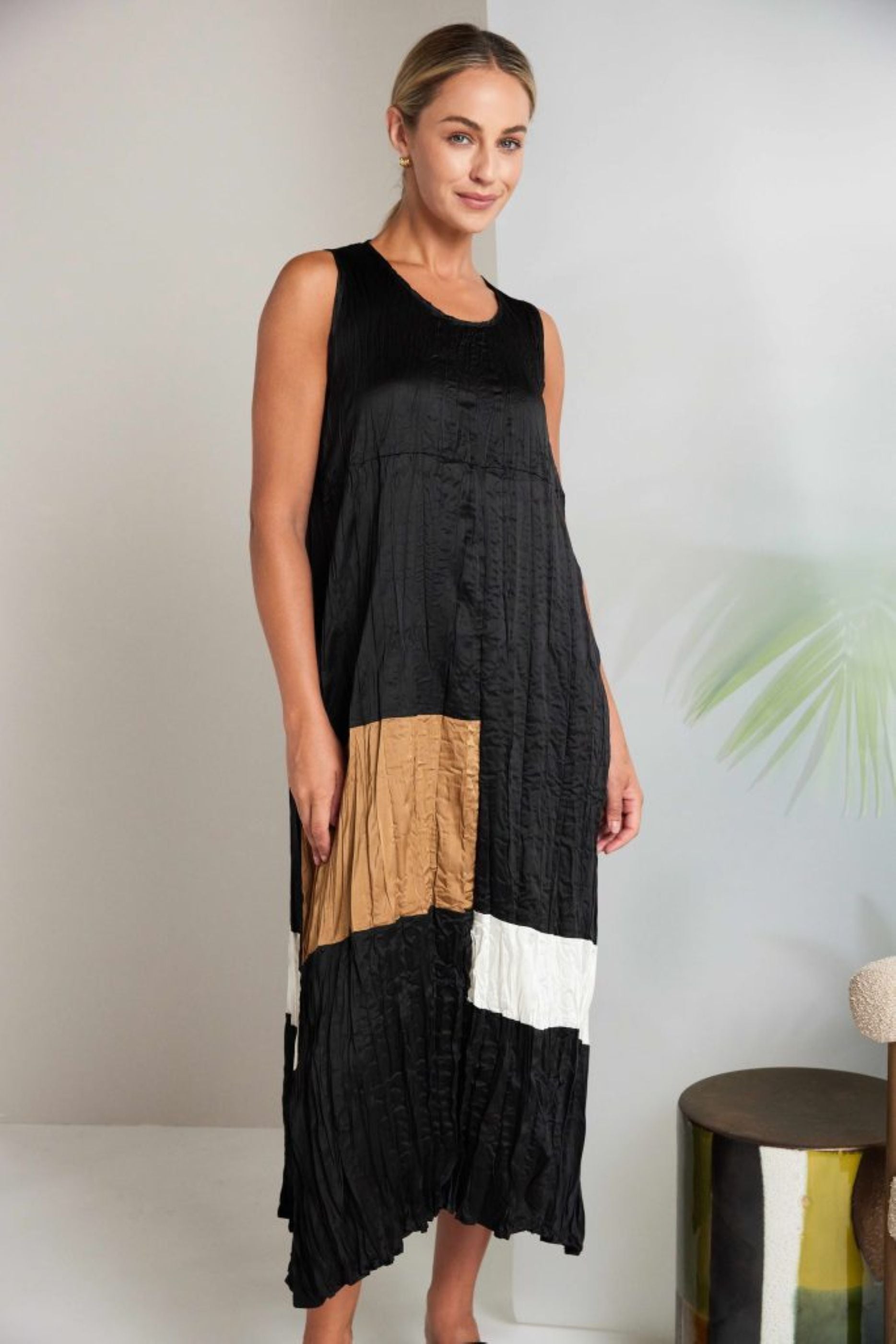 Naya Round Neck Crushed Dress With Colour Bands Nas26288