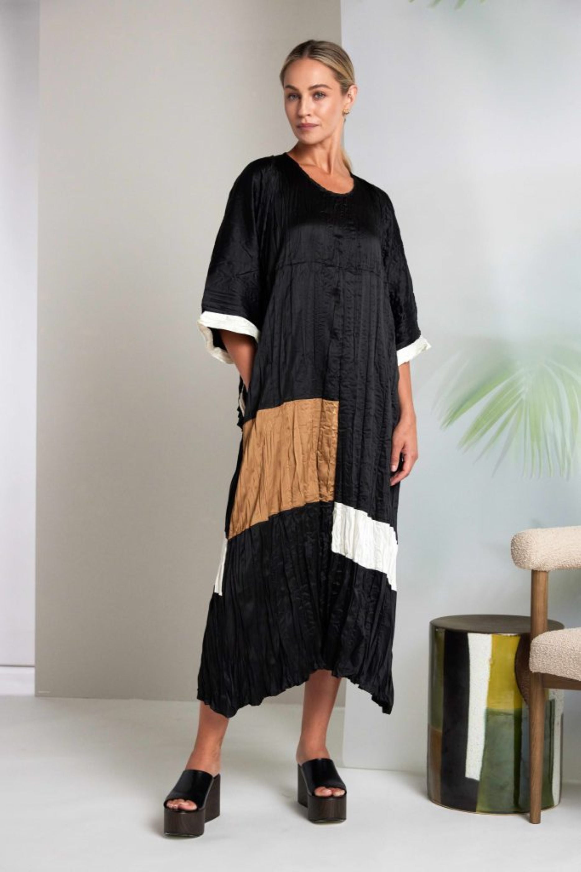 Naya Round Neck Crushed Dress With Colour Bands Nas26288