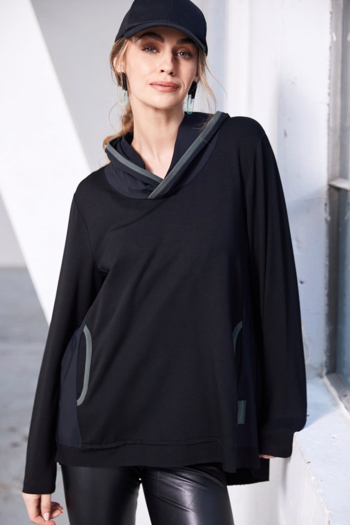 Naya Hooded long SWeatshirt with back zip detail in Black with Sand Trim Naw25126