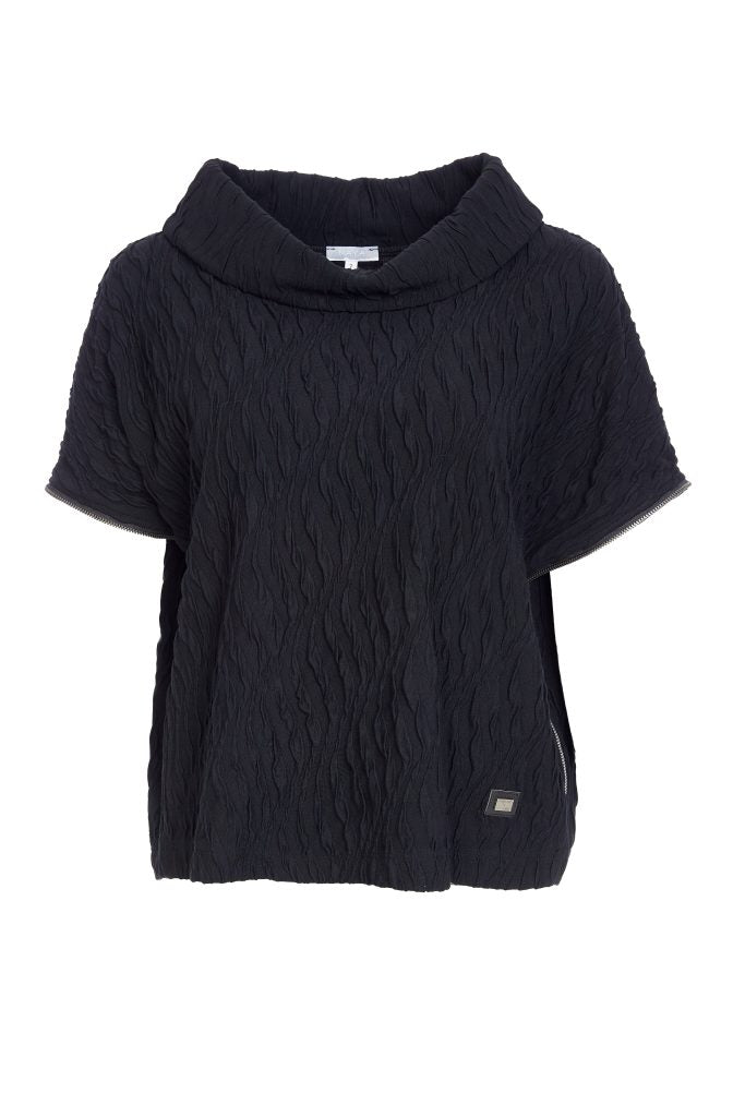 Naya Embossed knit top with collar and zip detail on side seam in Black Naw25232