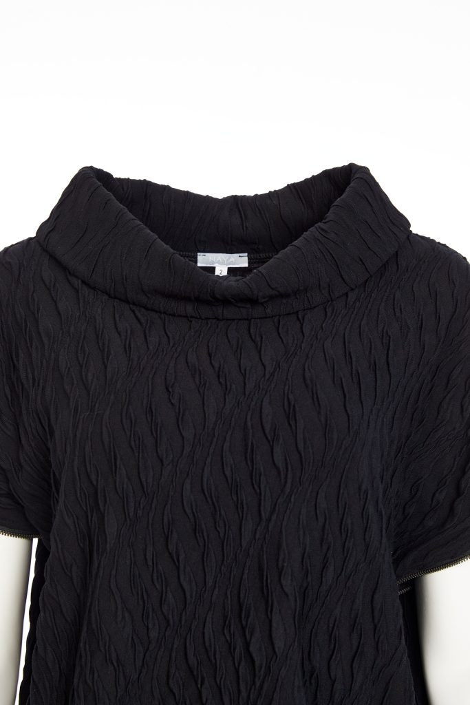 Naya Embossed knit top with collar and zip detail on side seam in Black Naw25232