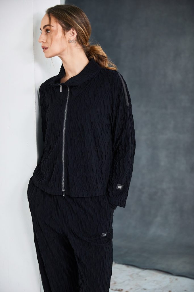 Naya Embossed knit high neck jacket with zip detail. black Naw25229