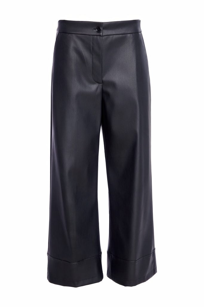 Naya Wide leg leatherette trousers with deep hem in Black Naw25260