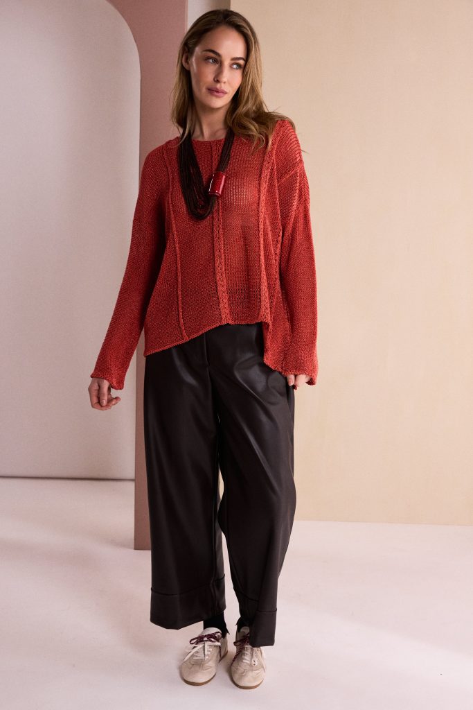 Naya Round Neck Knit With Cut Away Hem in Tigerlilly Naw26120
