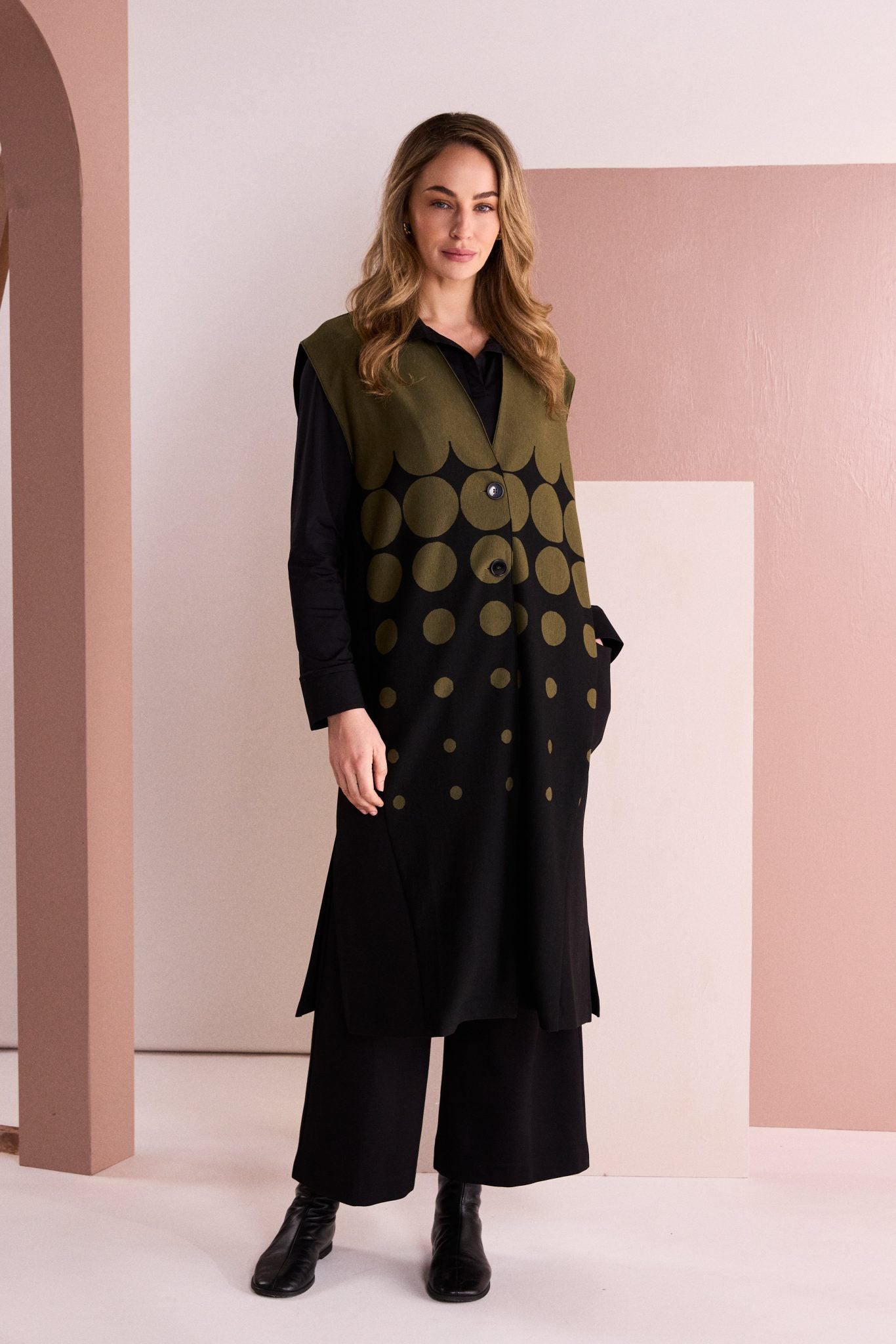 Naya Spot Border Print Long Line Waistcoat Naw26267