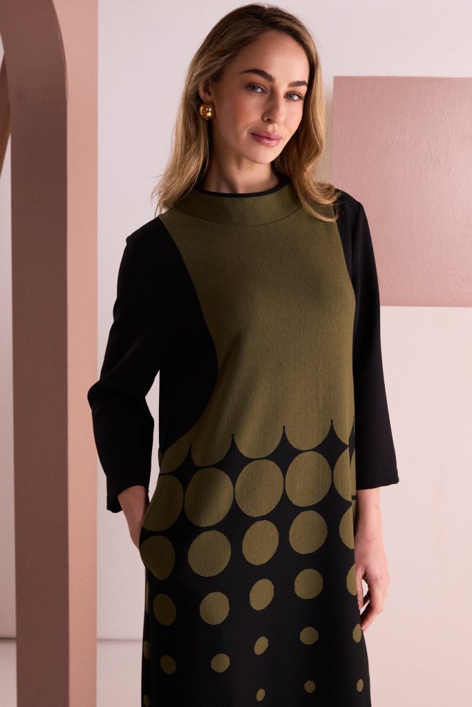 Naya Spot Border Print High Neck Dress With Contrast Sleeve Naw26268