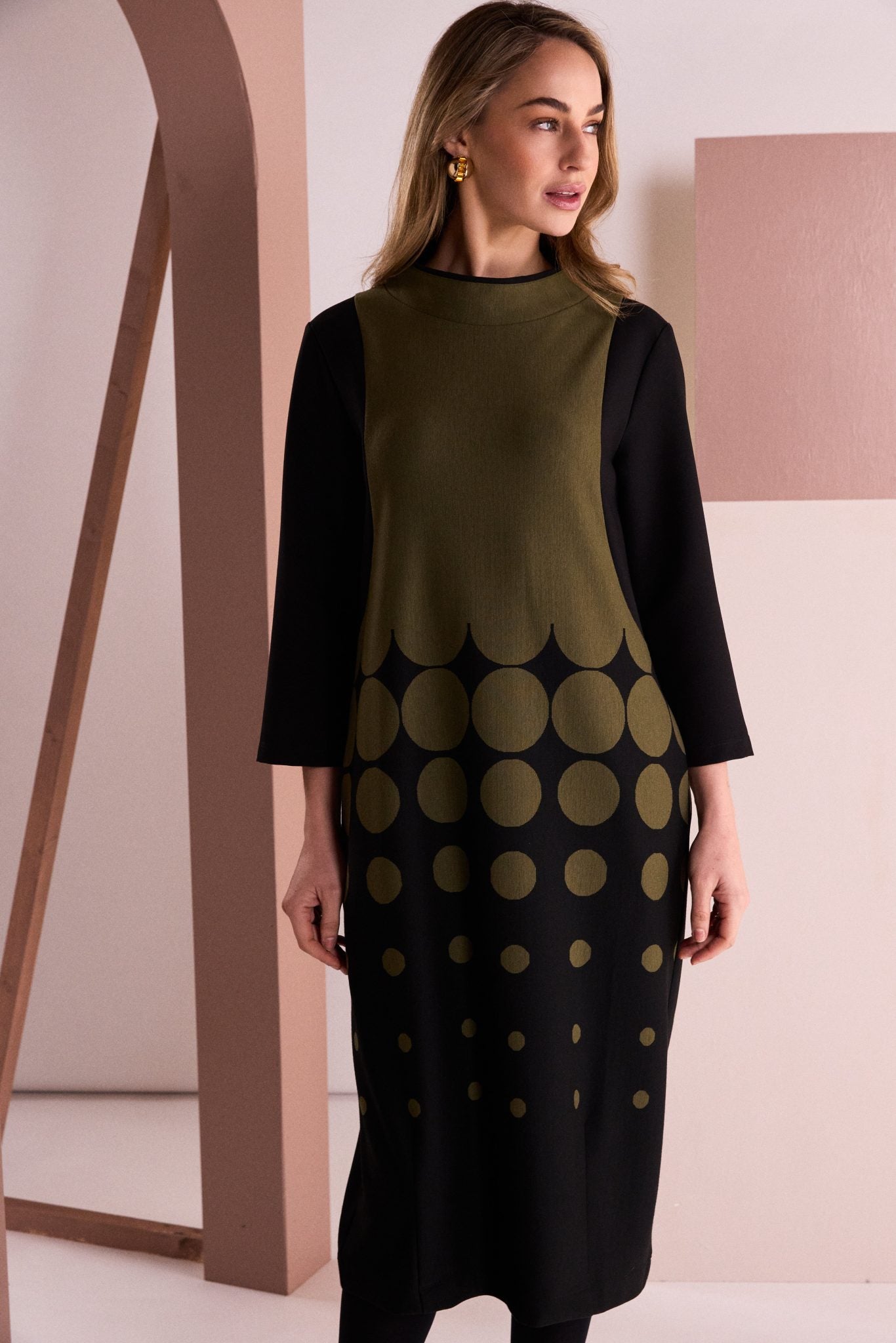 Naya Spot Border Print High Neck Dress With Contrast Sleeve Naw26268