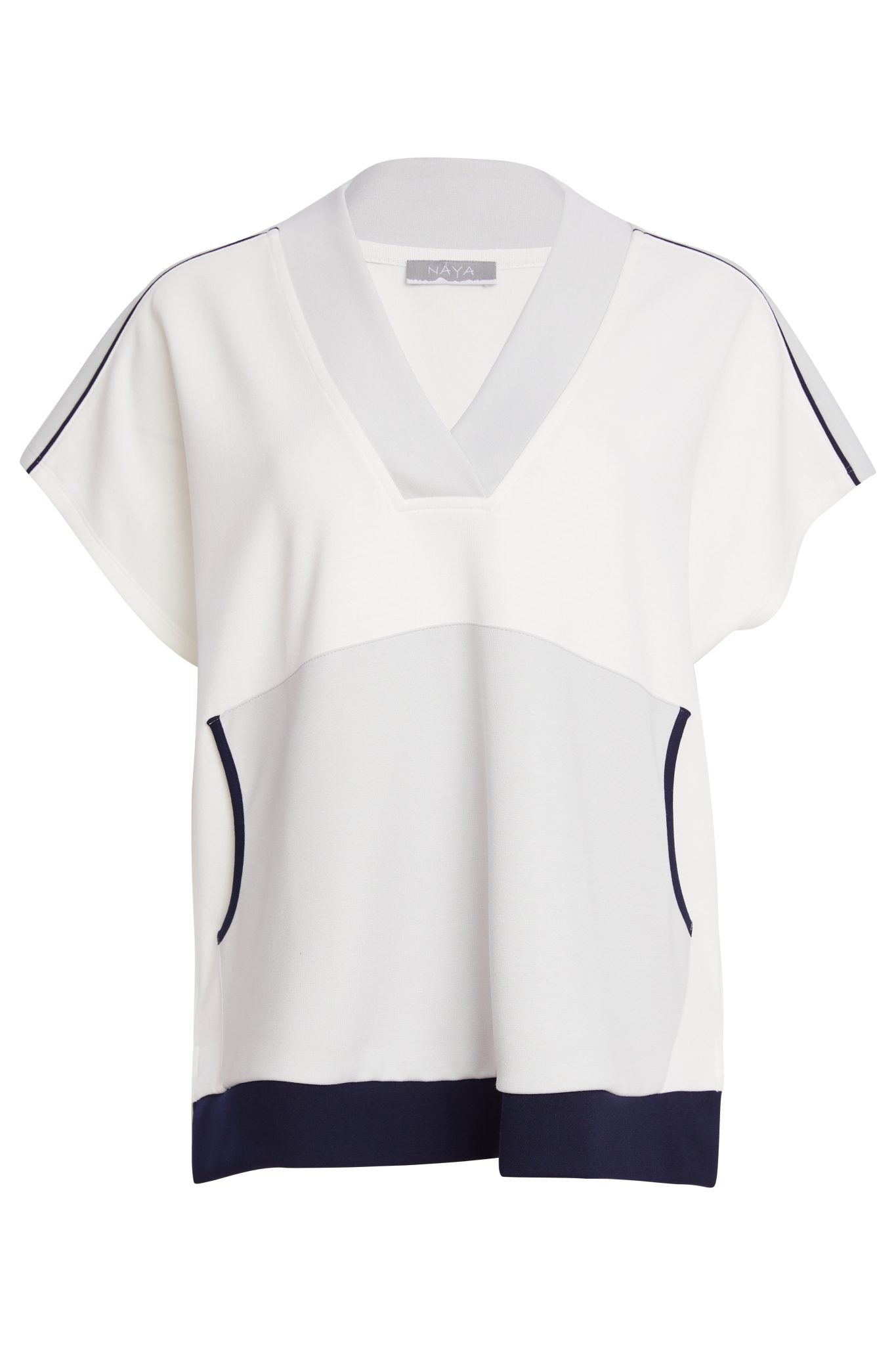 Naya V Neck Top With Contrast Pocket And Hem band in Navy and Silver Npa26249