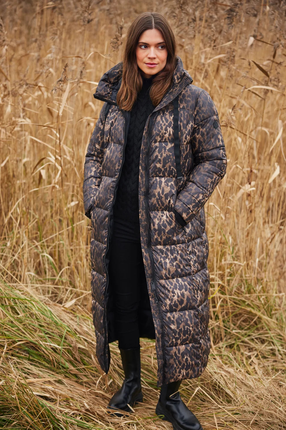 Normann Superwarm lightweight Animal Print Coat in Black/Brown 4339 4557