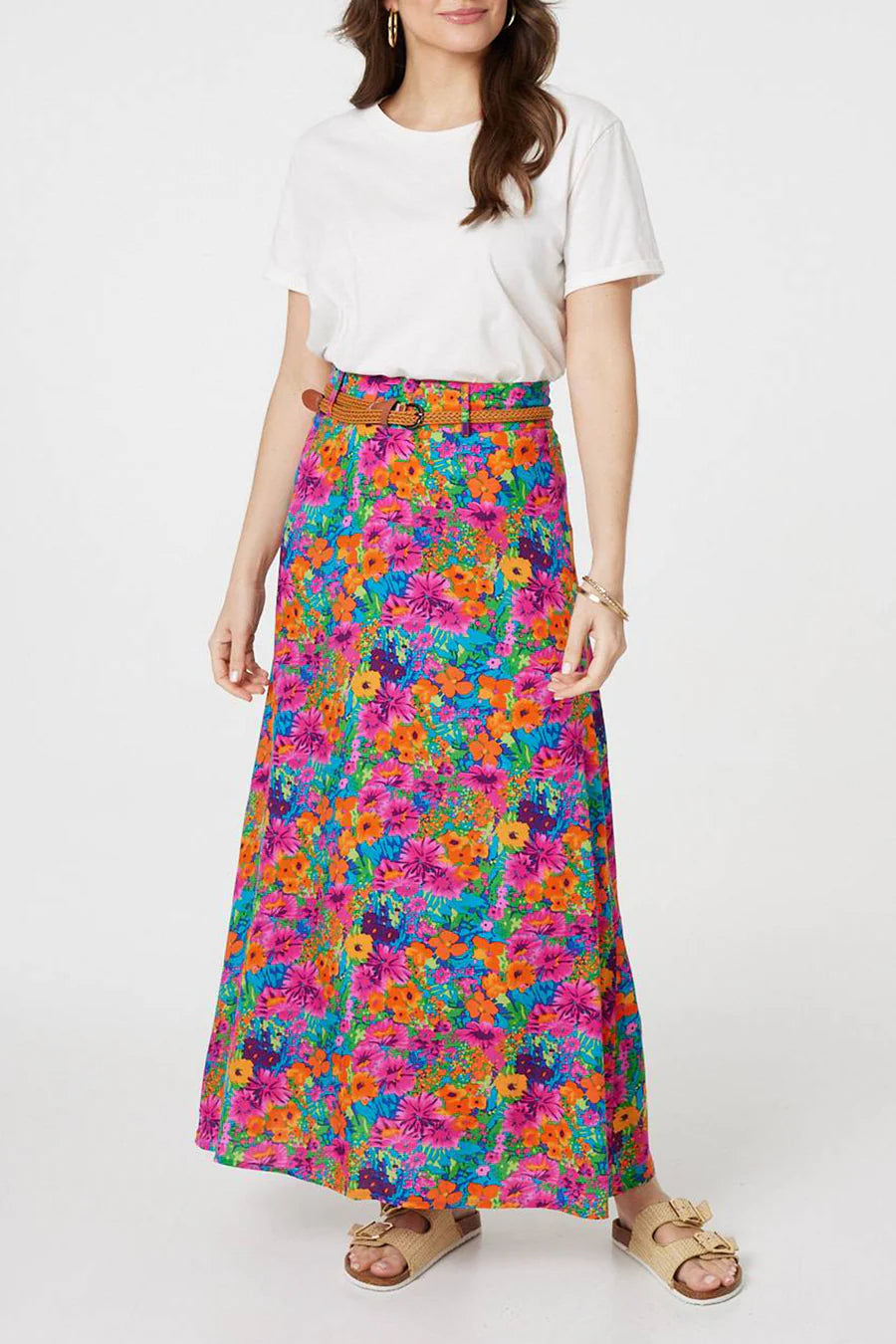 Stella Morgan Pink Mix Floral High Waist Maxi Skirt with Belt