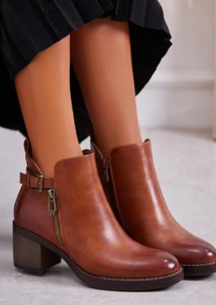 Leather look block heel ankle boot with Buckle Black or Tan