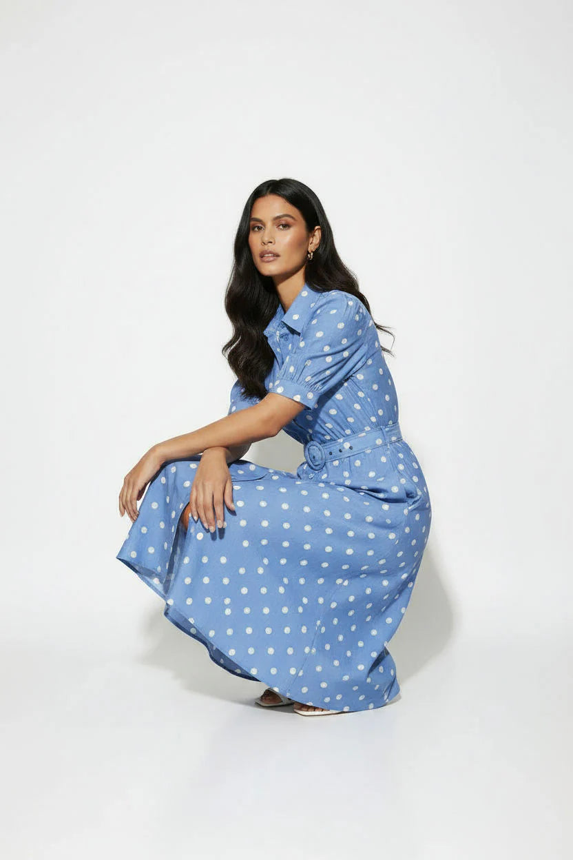 Marc Angelo Polka Dot Midi Shirt Dress in Blue Ma81209