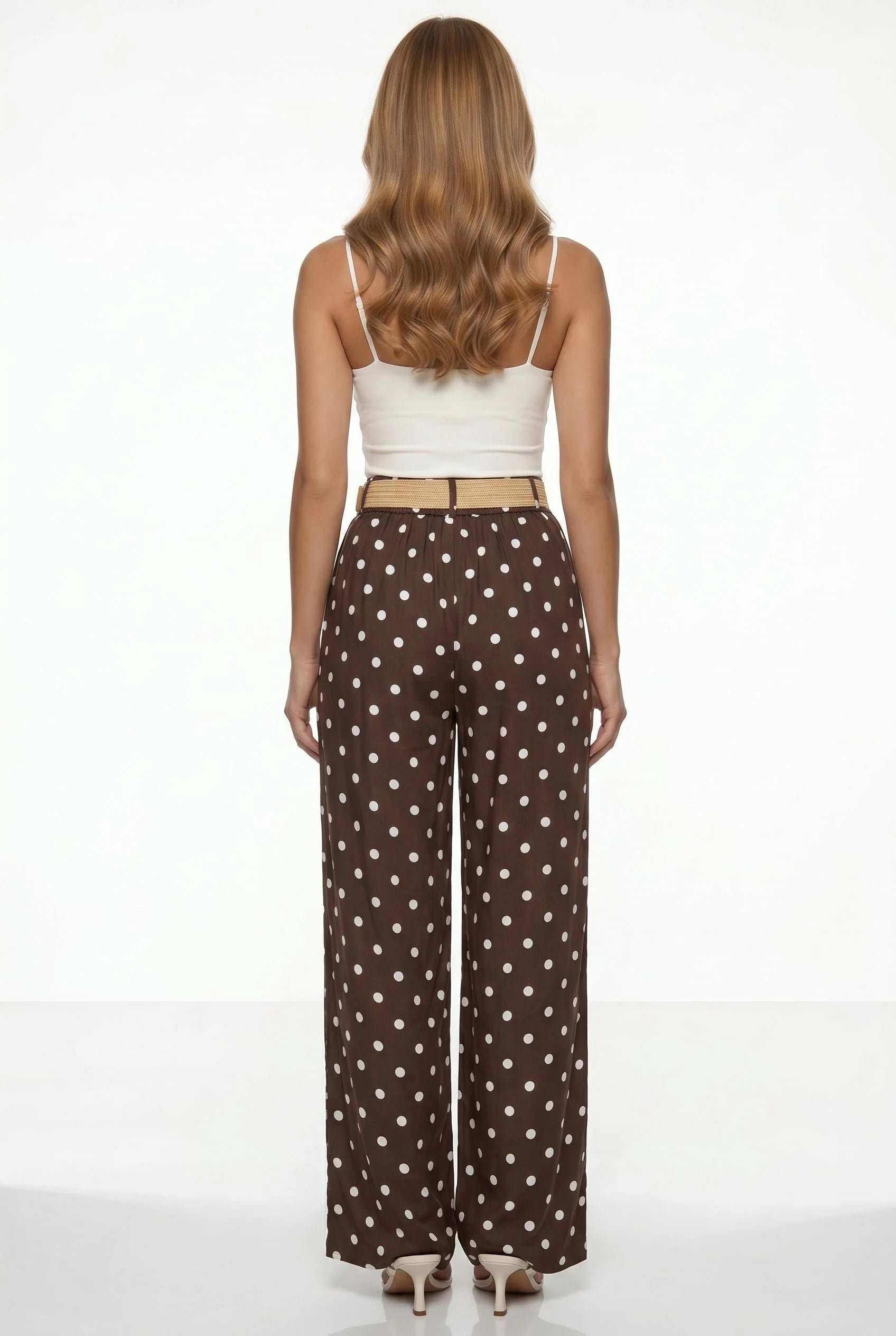 Polka Dot Wide-Leg Trousers with Straw Belt Brown