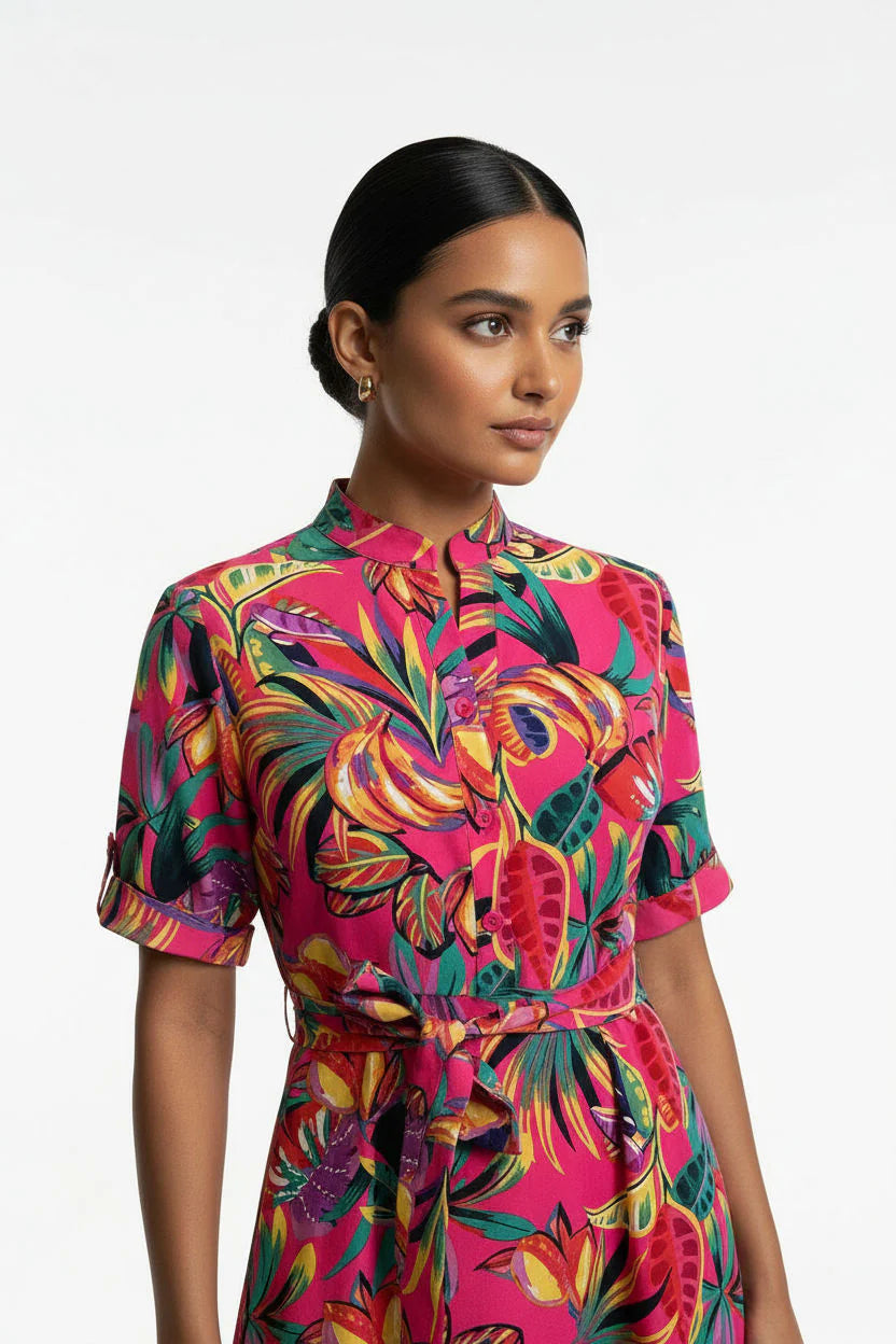 Tropical Print Button Front Midi Dress Ma81227