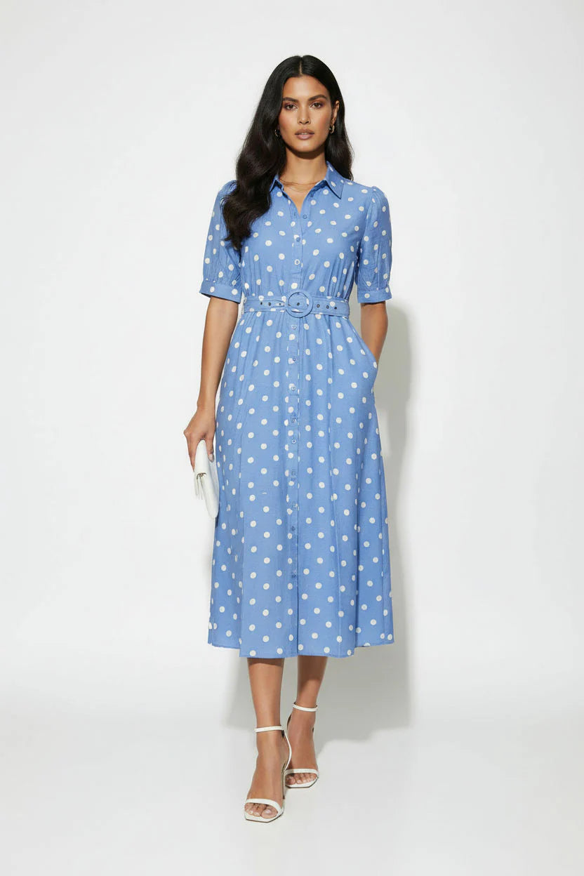 Marc Angelo Polka Dot Midi Shirt Dress in Blue Ma81209