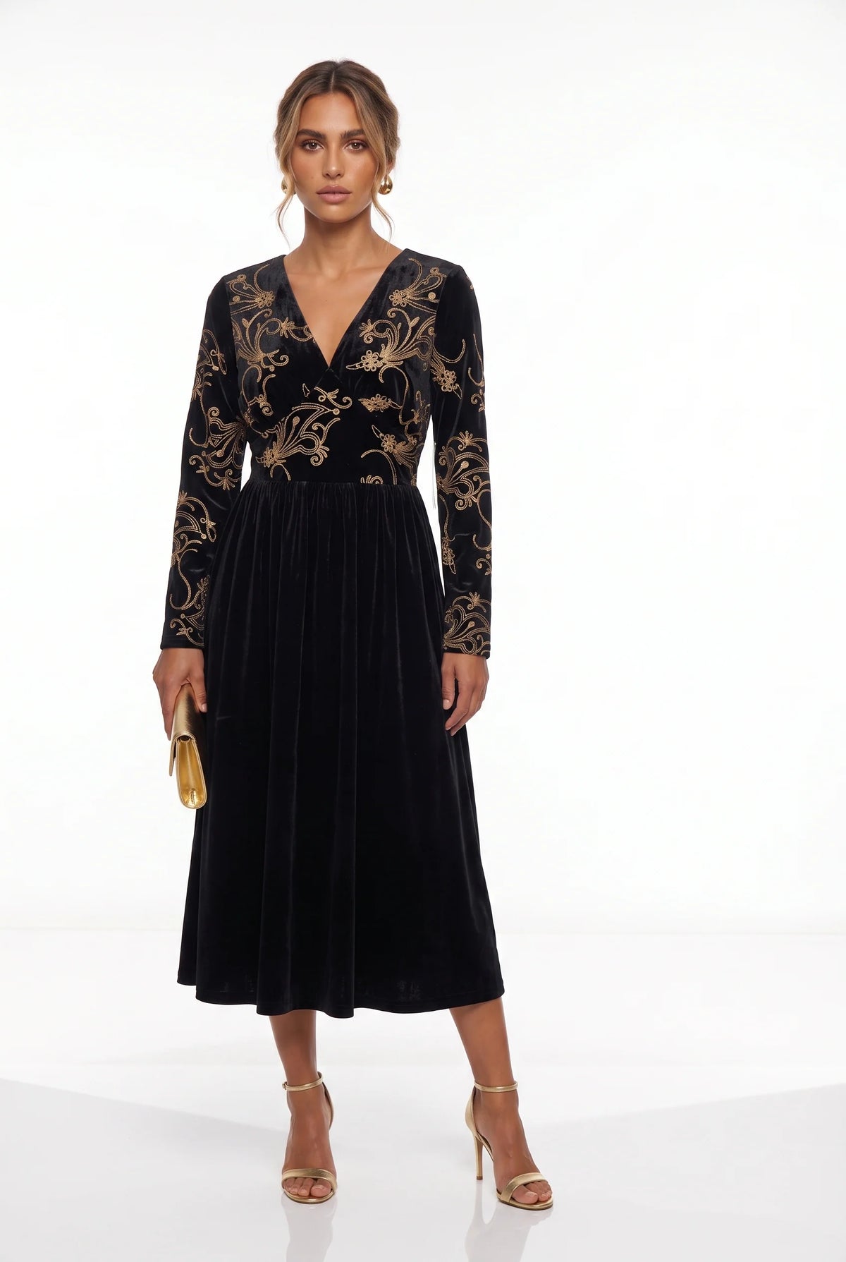 Marc Angelo Velvet Embroidered Midi Dress Black, Green or Burgundy 81188
