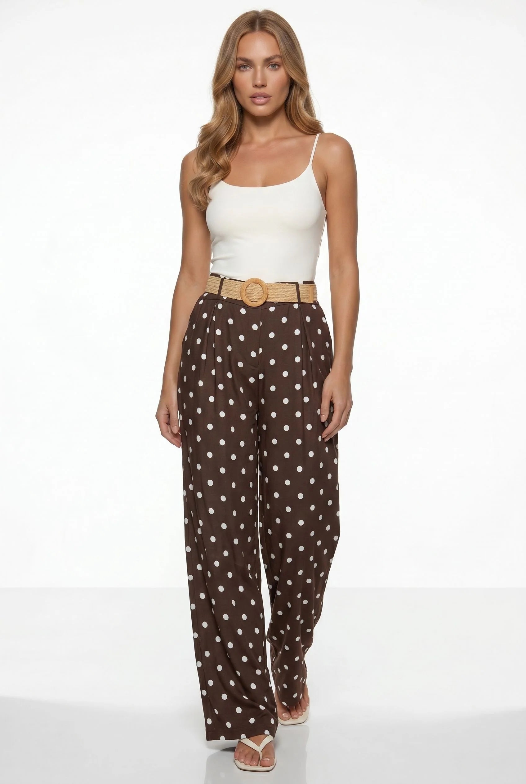 Polka Dot Wide-Leg Trousers with Straw Belt Brown