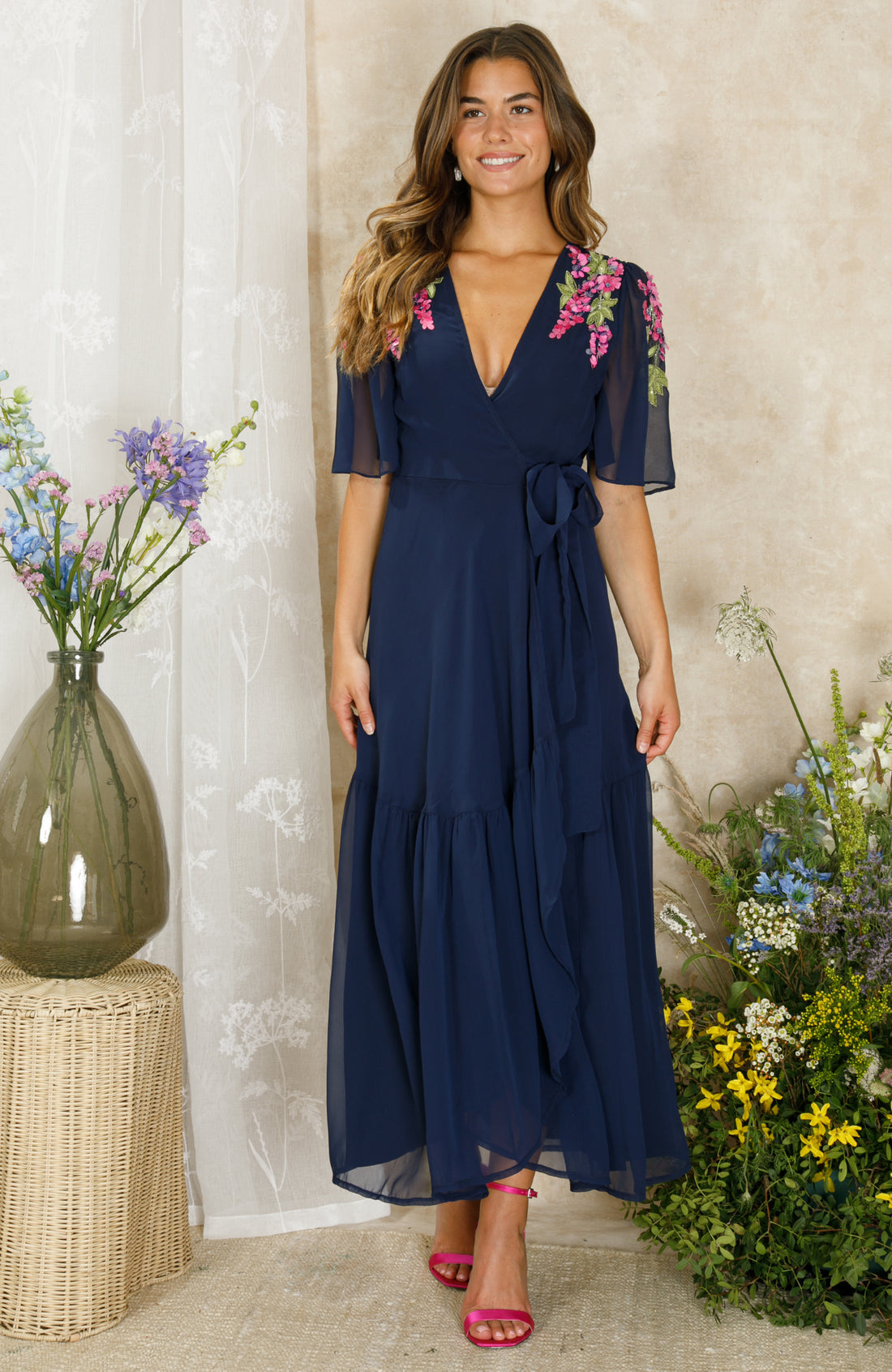 Hope & Ivy Grace Embellished Flutter Sleeve Maxi Dress with Tie Waist 8943