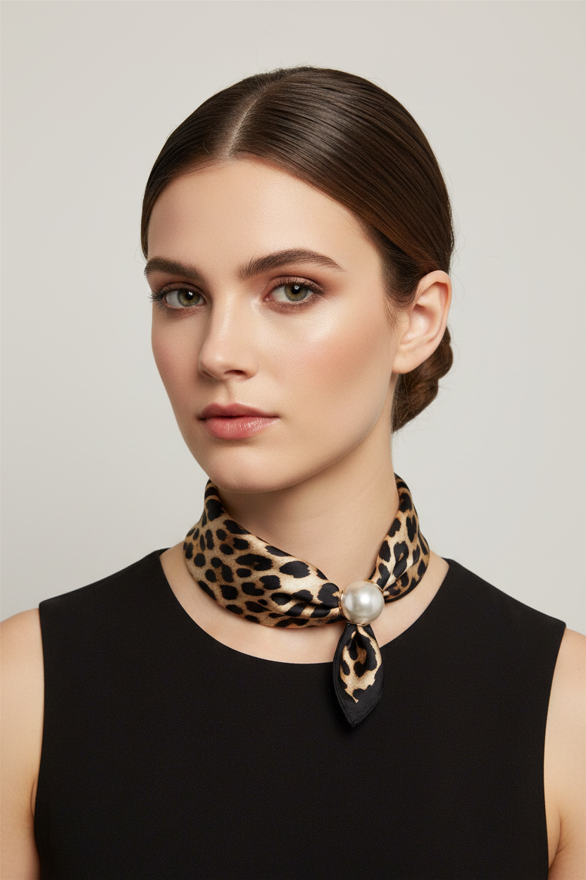 Animal Print Pearl Clasp Scarf Model