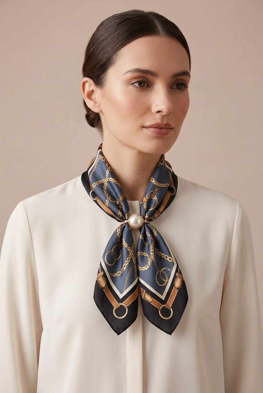 Silk Blend Scarf with Adjustable Pearl Clasp – Grey Chain Print