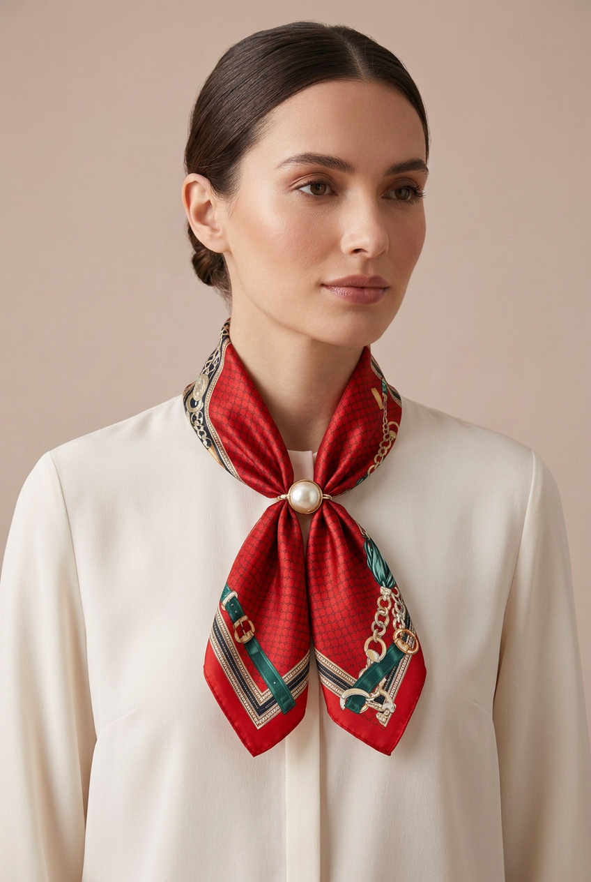 Silk Blend Scarf with Adjustable Pearl Clasp – Red Chain Print