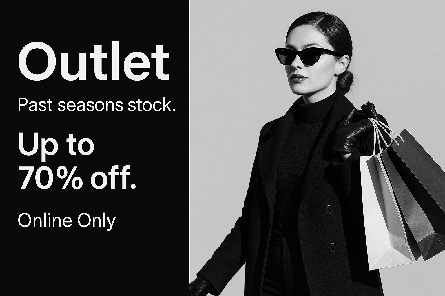 Black and white outlet banner with shopping woman