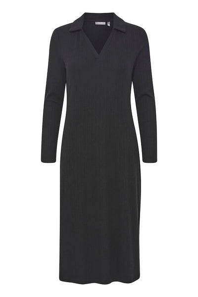 Fransa Black Ribbed knit dress with collar 20612502