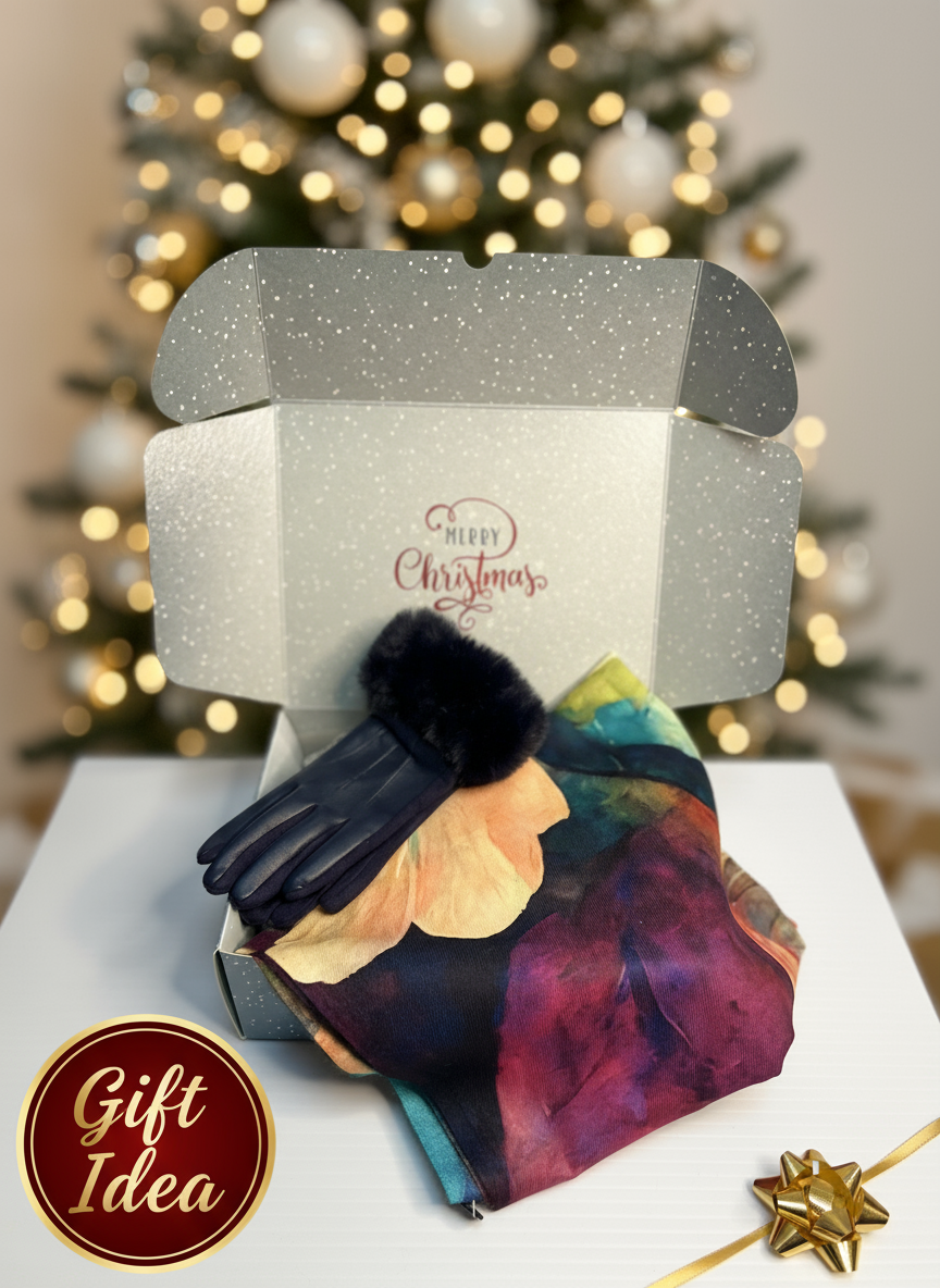 Black Fur-Trimmed Gloves and Watercolor Scarf Gift Set
